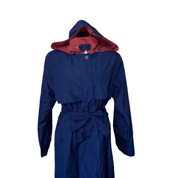 Vintage Investment Hooded Belted Trenchcoat Blue and Red Women's Size 10 - Picture 4 of 16